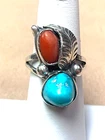 Vintage Native American Turquoise & Coral Sterling Silver Signed Ring Sz 5
