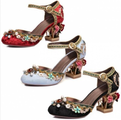 Womens Embroidery Floral Closed Toe Cage Heels Mary Janes