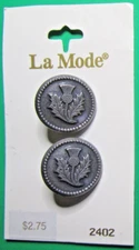 (2)VINTAGE La MODE 3/4" THISTLE BLOSSOM SILVER METAL SHANK BUTTONS NOS CARD-E309