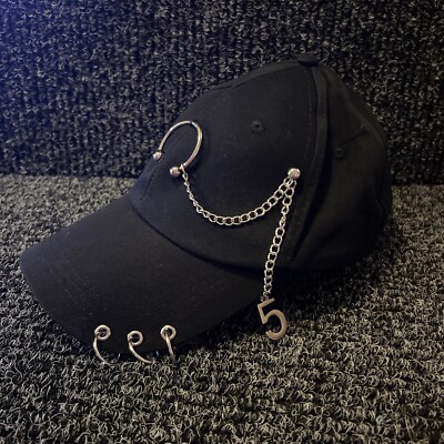 Chic Black Cap With Charms Faded Black Baseball Hat With Charms, Dark Theme With Fangs  main image 3