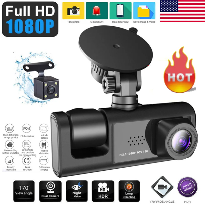 HD 1080P Dual Lens Dash Cam – Front & Rear Car Camera, Inside Cabin Video Record