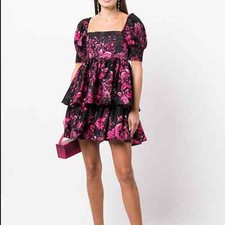 Alice & Olivia Emmalou Pink Floral Black Tiered Stretch Cotton Dress 10