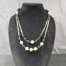 Beaded Layered Necklace Gold Tone Black Chain Ethnic Modernist Bohemian 22"