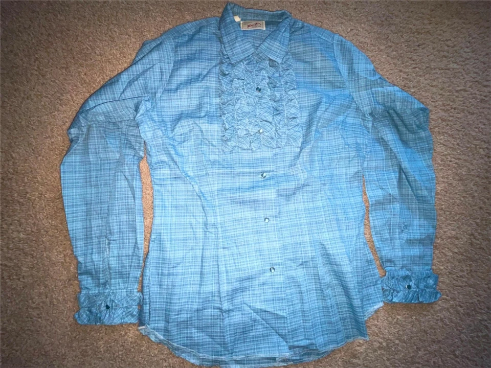 CAMISA VAQUERA WESTERN TEM TEX VINTAGE AÑOS 70 MUJER XS RAYAS A CUADROS MARRÓN AMARILLO AZUL Foto 2 de 4