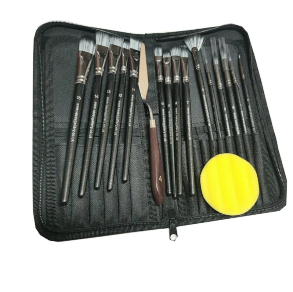 Artist Paint Brush Set 15pc. Palette Tool, Sponge & Soft Case. By Vesey Gallery