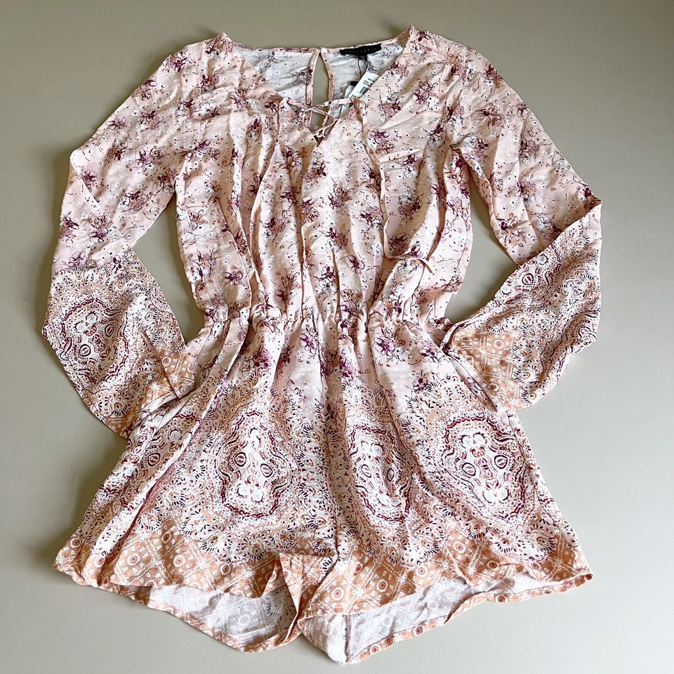 Mameluco Sanctuary Marrón Ojos Niña Floral Con Cordones Cuello Boho Festival Para Mujer Talla S” Foto 3 de 4