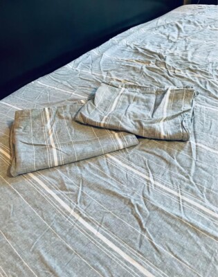 Pottery Barn HENDERSON TENCEL LYOC/LINEN Blend STRIPE Grey Queen Duvet Cover Set