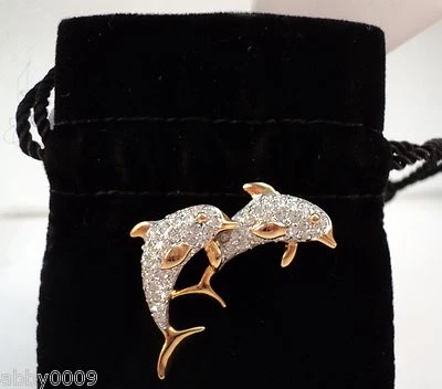 Signed Swan Swarovski Gold Plated Double Dolphin Tack Pin
