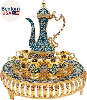 Turkish Coffee Cup and Tea Pot Set Including Teapot,Tea Tray,6 Metal Cups,Tea Se