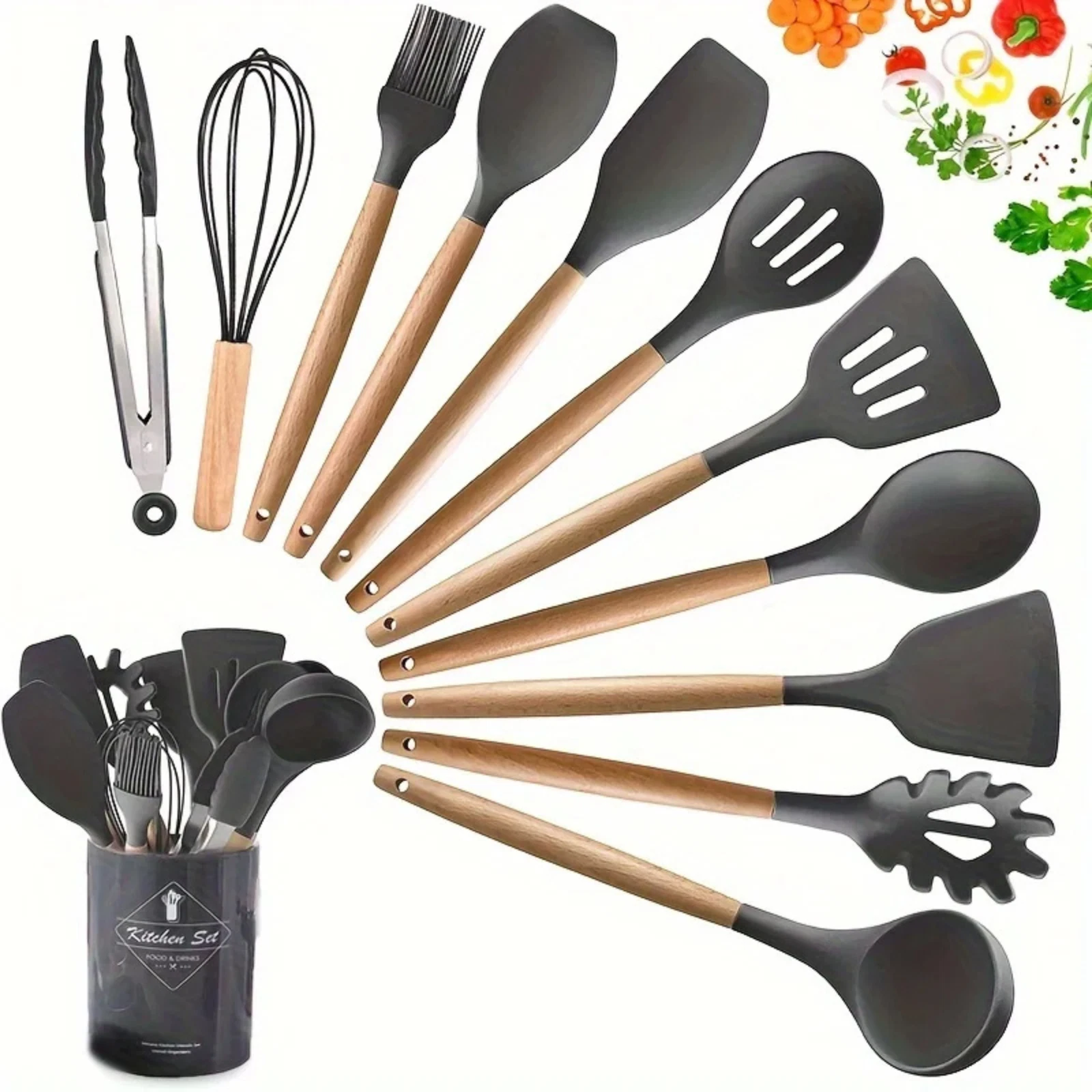 12PCS SILICONE KITCHEN UTENSIL SET WITH WOODEN HANDLES – NON-STICK COOKING TOOLS