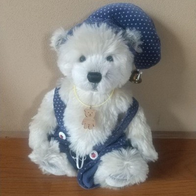 Sanny Bears Plüsch Teddybär weiße Punkte Hut Overall Holzanhänger M's Collection