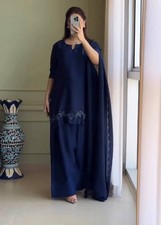 Beautiful Blue Natural Crap Silk Top Farshi Palazzo And Dupatta For Indian Party