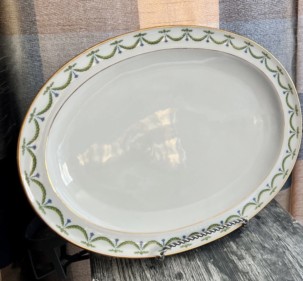 Limoges A Lanternier Royal Garland Oval Platter 16" Green Gold VTG France