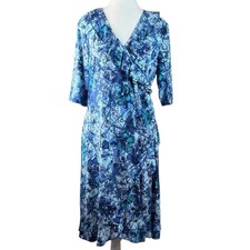 MSK Abstract Ruffle Wrap Midi Dress Stretch Elbow Sleeve Blue Size 14