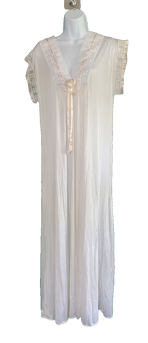 Chemise de nuit longue vintage nylon soyeux dentelle haut plongeant empire ruban satin déesse taille S - Photo 2/13