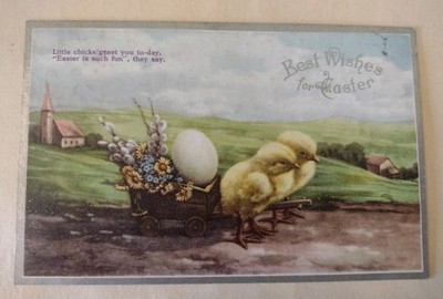 Vintage Postkarte, Ostergrüße, Küken ziehen Wagen