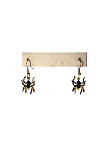 Vintage Gold Tone Black Enamel Halloween Spider Pierced Dangle Earrings