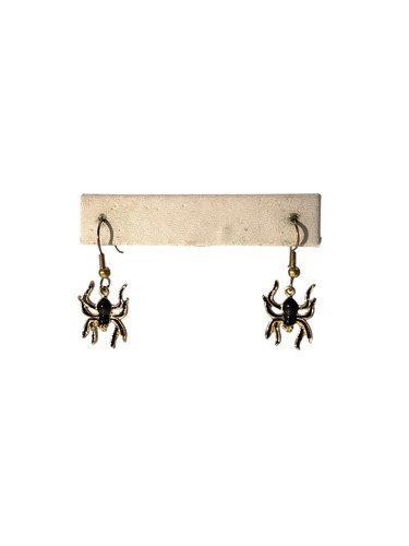 Vintage Gold Tone Black Enamel Halloween Spider Pierced Dangle Earrings