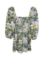 Reformation Greyson Linen Puff Sleeve Mini Dress Hillside Green Blue XS