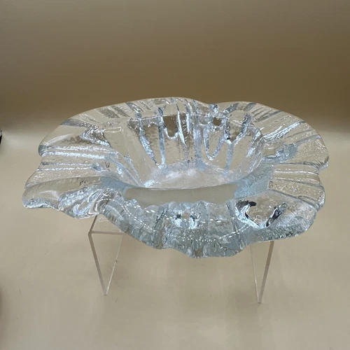 Vintage Blenko Art Glass Mid Century Modern Glacier Ice Brutalist Ashtray 8"