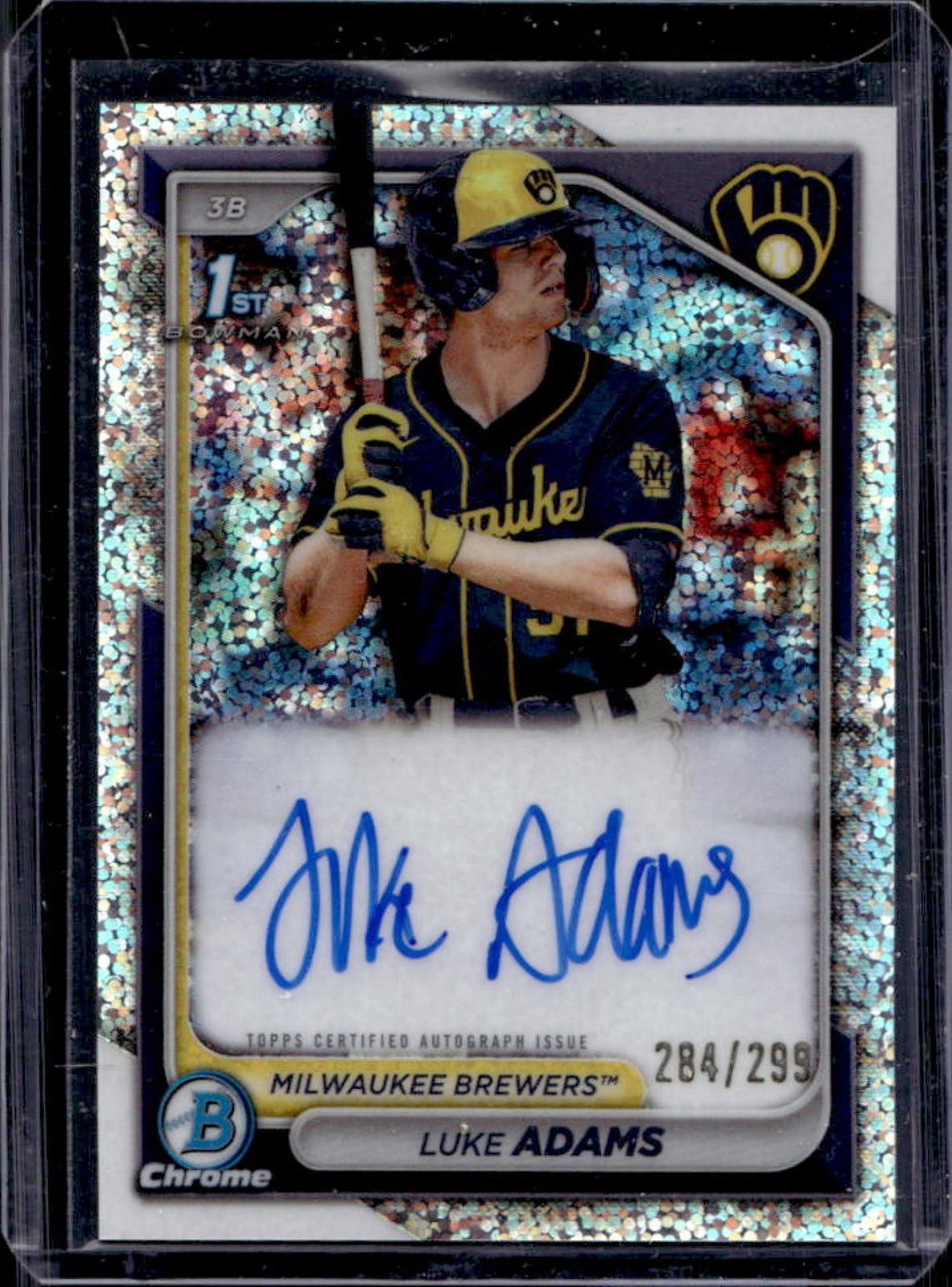 2024 Bowman Luke Adams Chrome Auto Speckle Refractor 1st Prospect #/299 Brewers