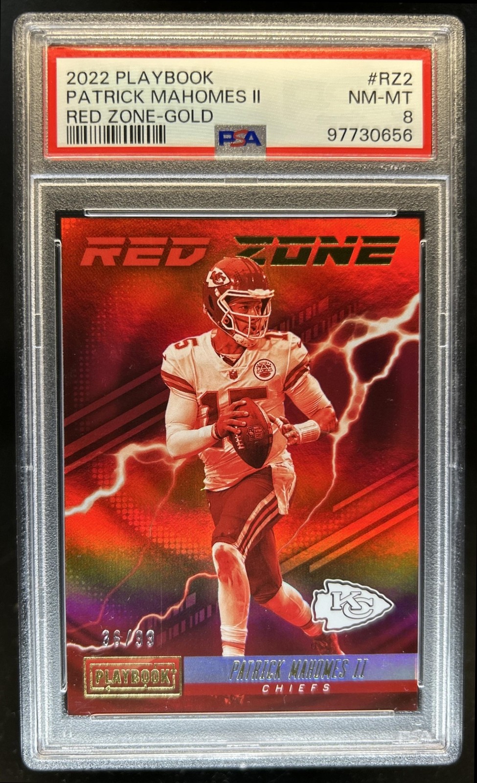 2022 Panini Playbook Patrick Mahomes II Red Zone Gold #/99 Chiefs PSA 8 view 1