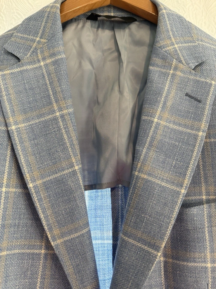 Abrigo deportivo Patrick James 44 R a cuadros lino mezcla seda Italia azul Foto 3 de 4