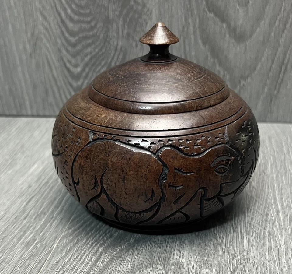 Hand Carved Wooden Lidded Bowl Jar Elephant Motif Trinket Box Rustic Decor Art - Image 3 of 4