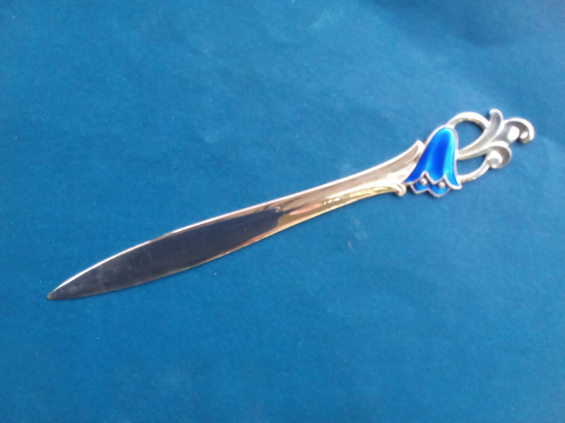 Vintage TH. Marthinsen Norway Sterling Silver & Blue Bell Enamel Letter Opener