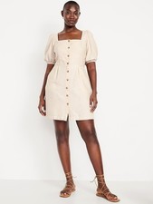Puff-Sleeve Linen-Blend Mini Dress SIZE XXL NEUTRAL d