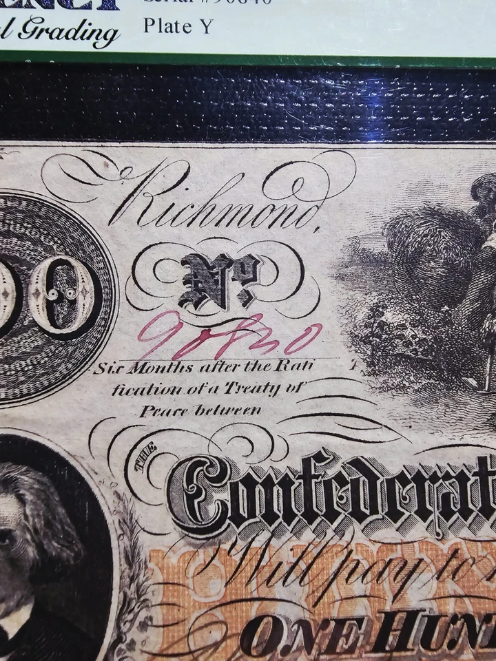 1862 T-41 $100 Confederate Note AU50 Double Richmond Interest Stamps 1863, 1864 - Image 4 of 4