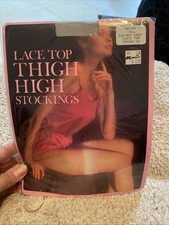 80 s Vintage Thigh High Stockings Nylons Silver Grey Lace Top Size Tall