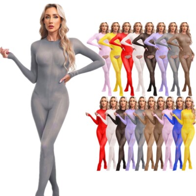 Women's Shiny Oil Gloss Bodysuit | Long Sleeve Sheer Teddy Bodystocking For Date Nights & Special Occasions