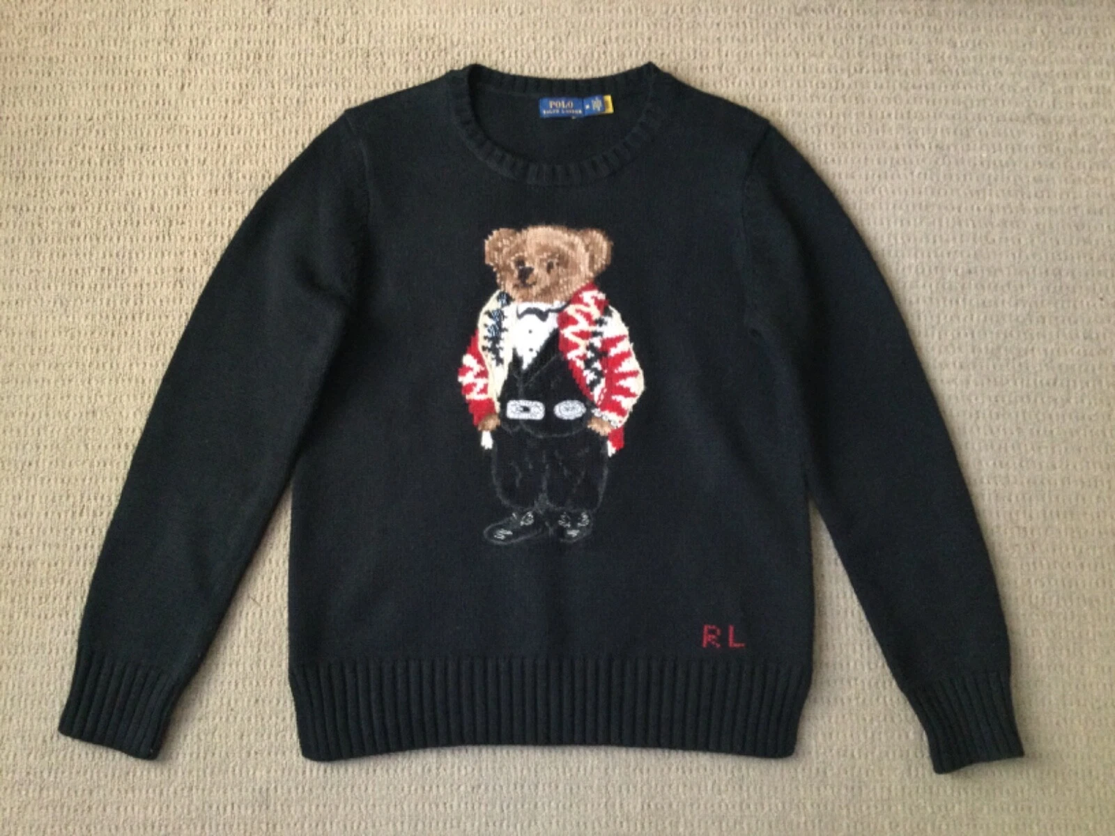 POLO RALPH LAUREN Rare black wool cotton sweater large tuxedo bear New! Size M