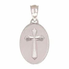 14k White Gold Oval Cross Medal Charm Pendant 2.9 grams