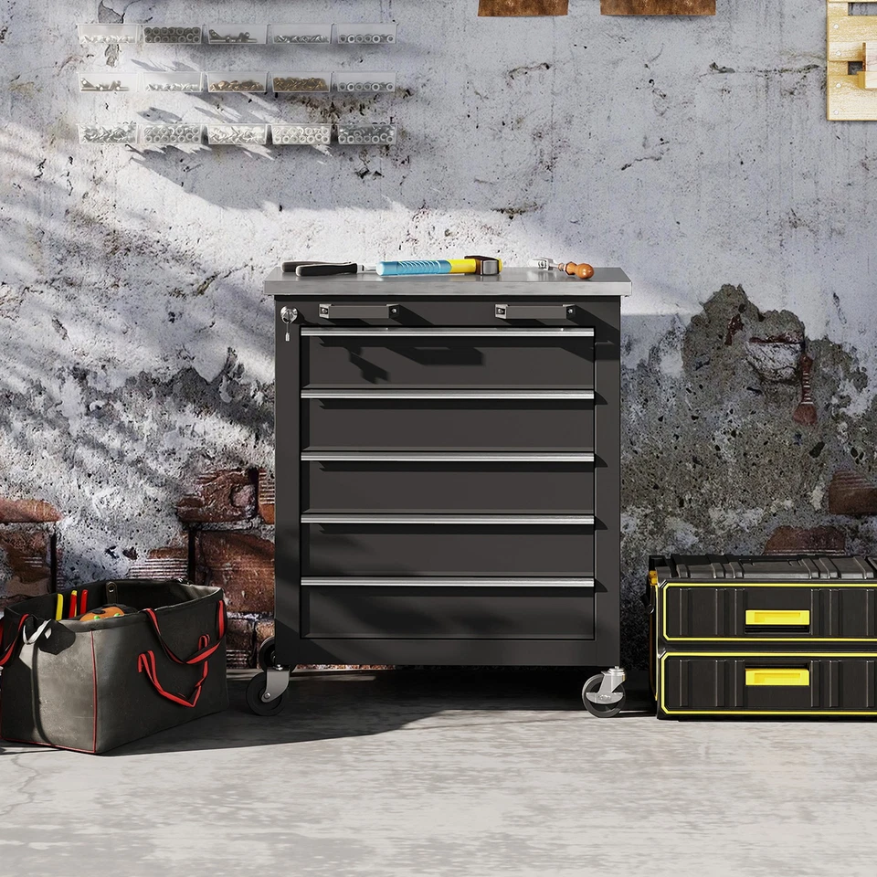 Werkstattwagen mit 5 Schubladen Werkzeugwagen leer abschließbar Stahl Schwarz - Bild 2 von 4