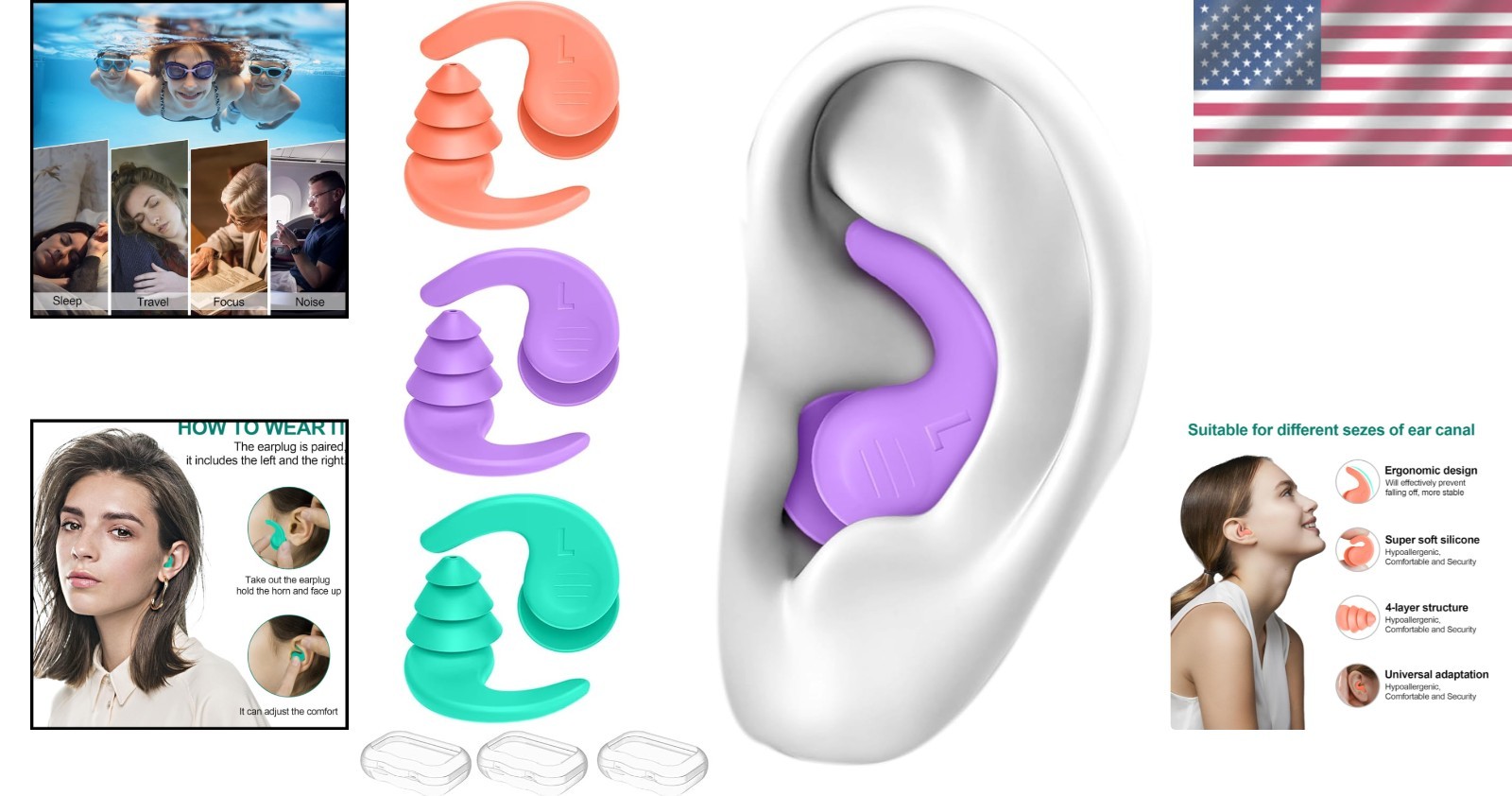 Lightweight Silicone Ear Plugs for Swimming, Surfing & Snorkeling - 3-Pair Set