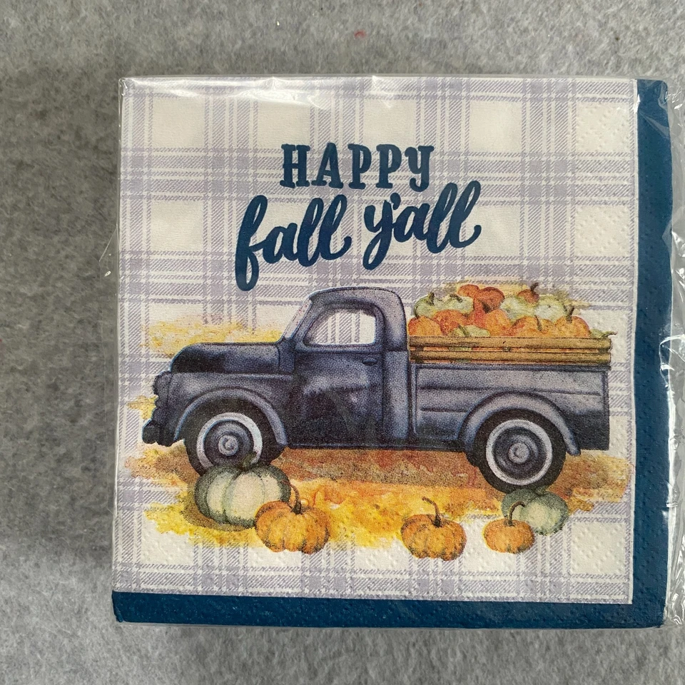 Servilletas de postre/cóctel de otoño 36 unidades Happy Fall Y'all camión a cuadros azul NUEVO Foto 4 de 4