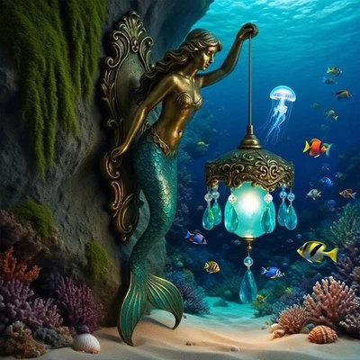 Mermaid Wall Lamp, Glass Mirror Front Light Fixture Bedroom Beside Wall Light 1x