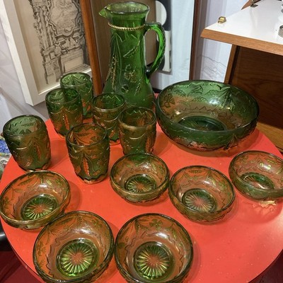 EAPG Delaware Smaragdgrün Set Krug 6 Becher Schale 6 Dessertschalen
