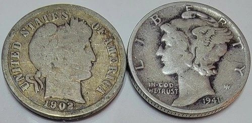 Lot of Mercury and Barber Silver Dimes - 1902 and 1941 P Brilliant Circulated