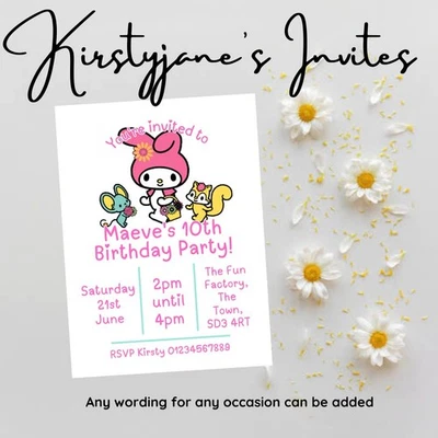 KIRSTYJANE'S INVITES Birthday party invitations invites Personalised HELLO KITTY MY MELODY KUROMI