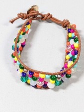 Colorful Glass Bead Brown Woven Style Faux Leather Bracelet 6.75 in