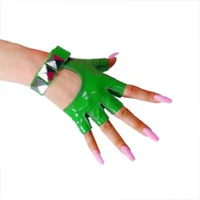 Fingerless Green Leather Gloves Short Shiny Latex Genuine LEATHER Square Studs