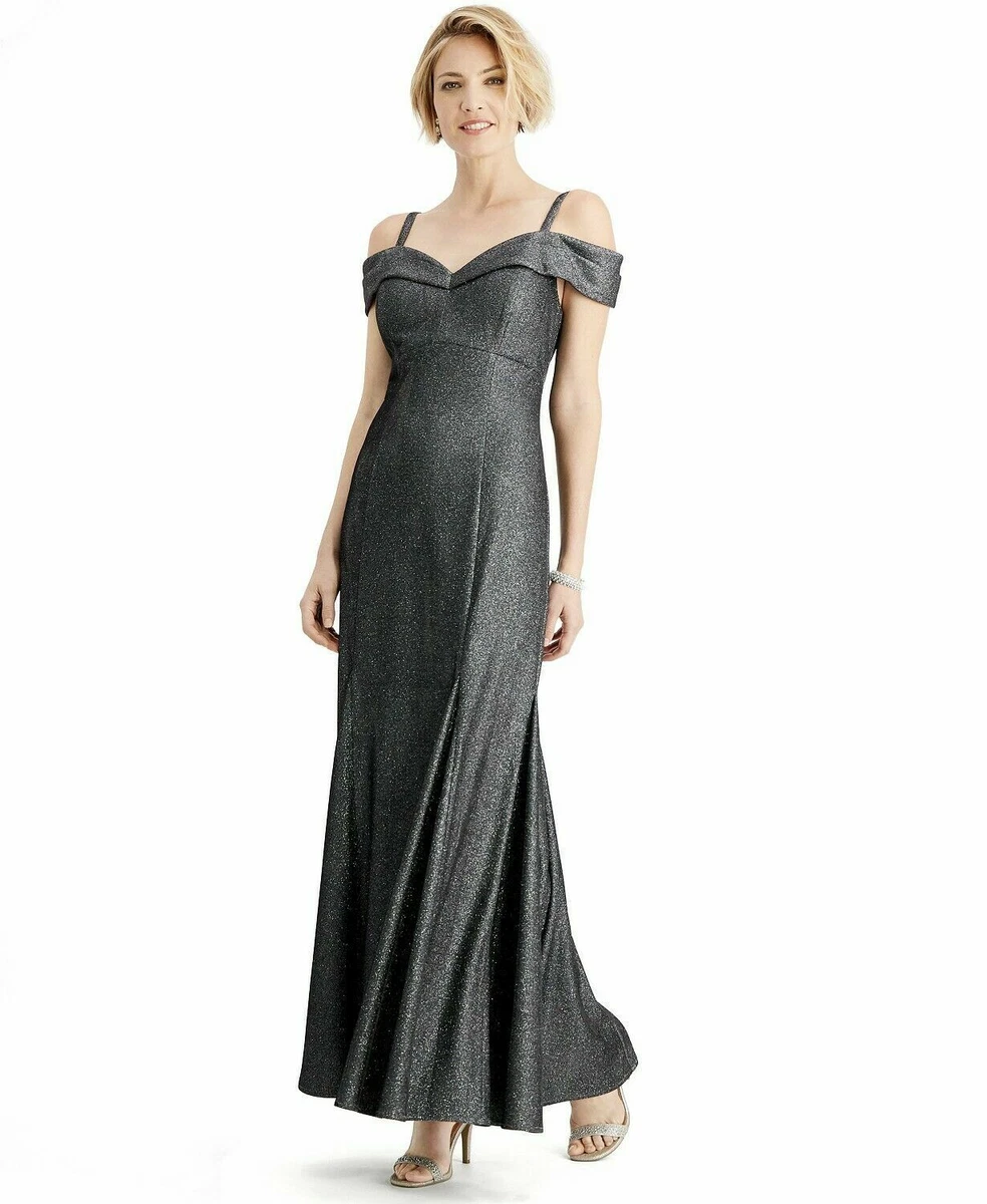 R M Richards Cold Shoulder Metallic Mermaid Gown Dark Silver 10 139