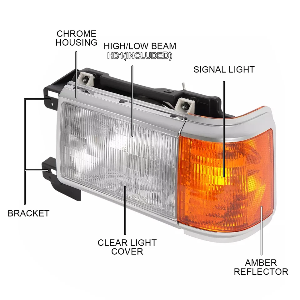 For 1987-1991 Ford F150 F250 Bronco Truck Headlights Chrome Trim Headlamps Pair - Image 2 of 4