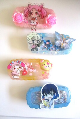 4-Piece Acrylic/Glitter Shaker Kawaii Anime Cartoon Hair Clips, 3'' x 1-1/2'', #B