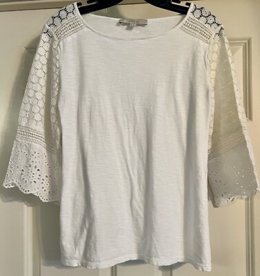 Ann Taylor LOFT Bohemian Crochet Lace Embroidered Size XS Cotton 3/4 Sleeve Tee 