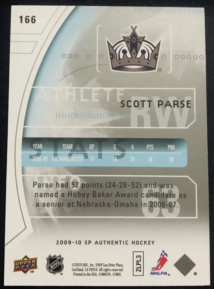 Scott Parse SP Authentic Future Watch card 166 - 044 / 999, 2009 -10 NHL, Kings - Image 2 of 2