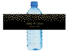 Gold Confetti Falling on black background Wedding Birthday Water Bottle Labels
